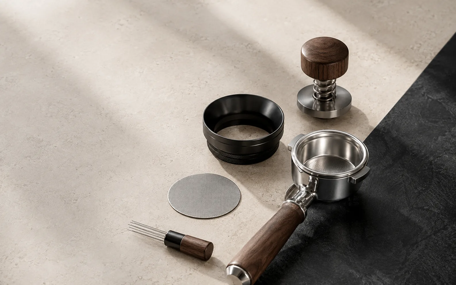 Concept arrangement of espresso preparation tools and a portafilter